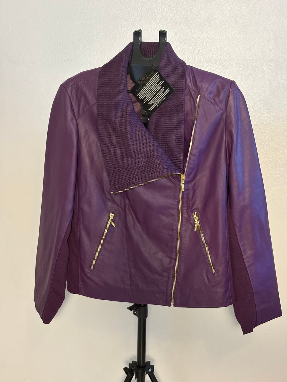 IMAN Global Chic Purple Leather Moto Jacket Womens XL NWT Knit Collar